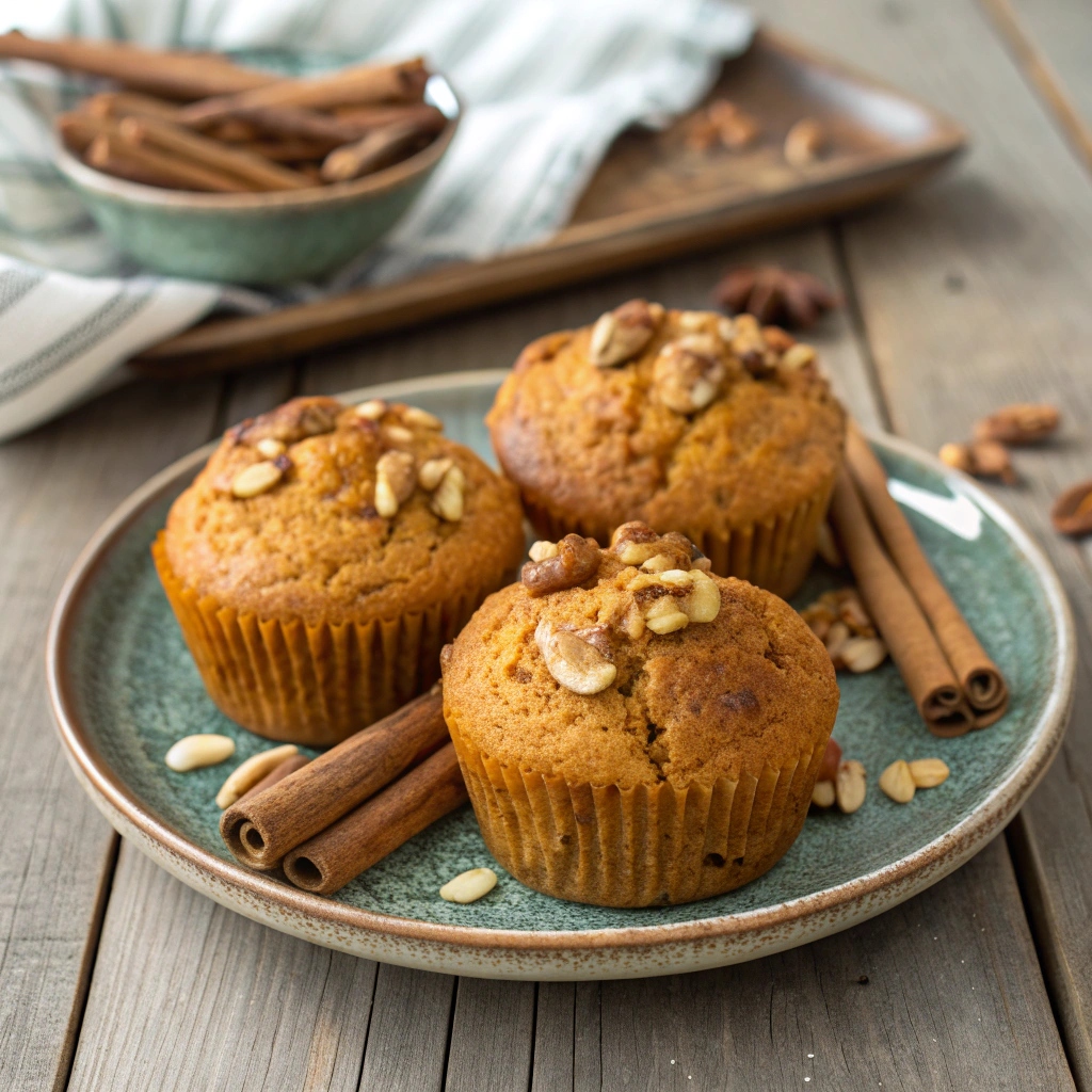 Plate of Protein Pumpkin Muffins garnished with cinnamon and nuts on a wooden table
