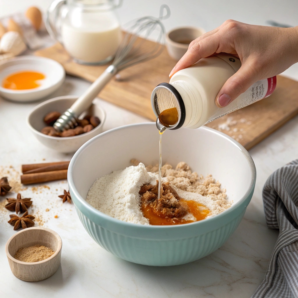 Pouring milk and oil into the dry mixture for cinnamon roll muffin batter.