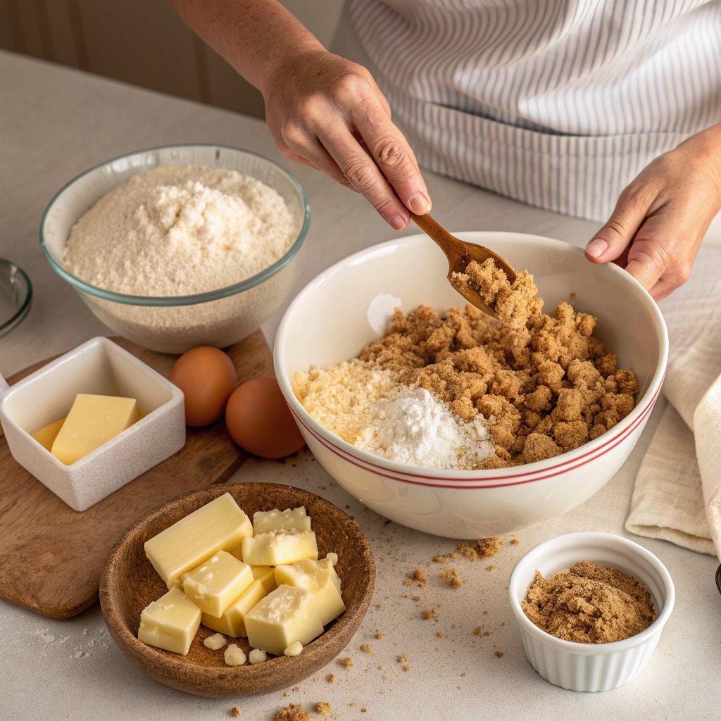 Hand stirring muffin batter in a mixing bowl for Coffee Cake Muffins