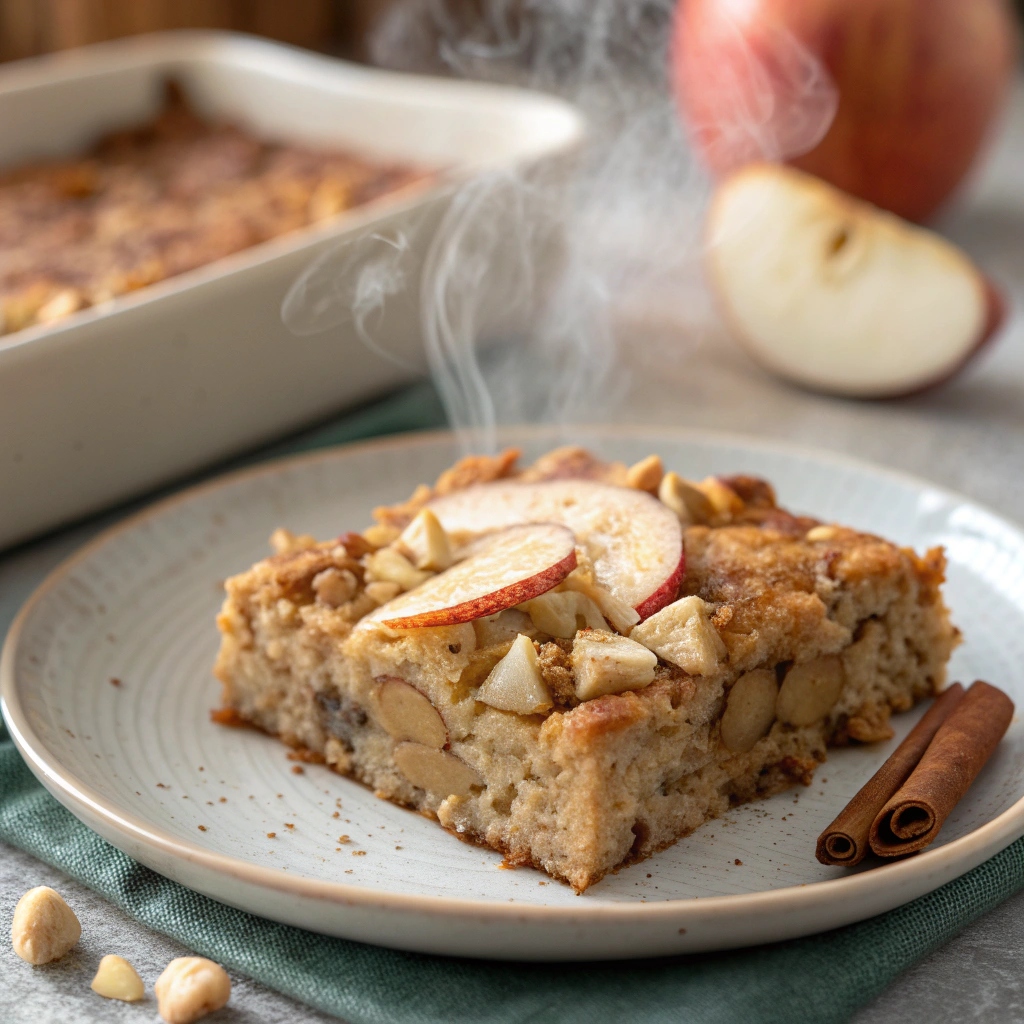 Reheated slice of Apple Cinnamon Cottage Cheese Oat Bake on a plate, steaming gently.