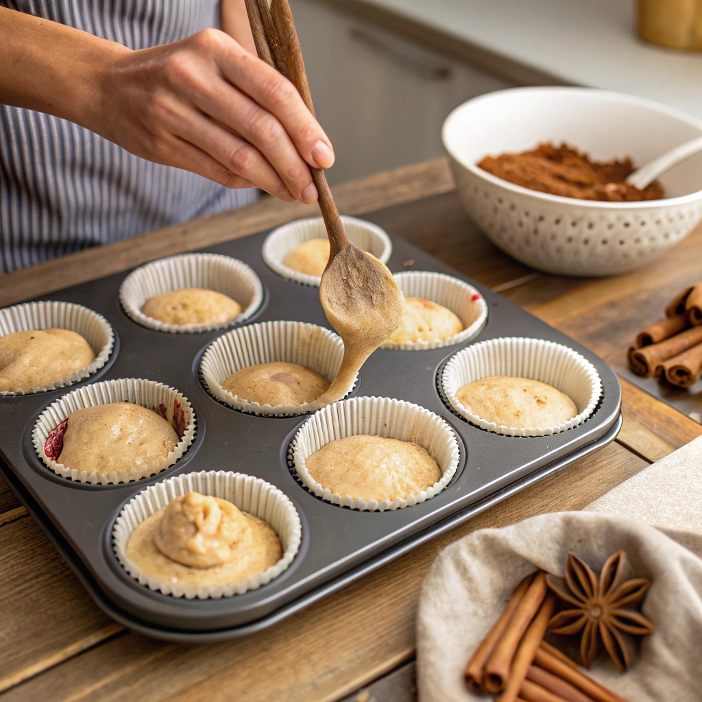 Scooping batter into muffin liners with cinnamon filling layered inside.