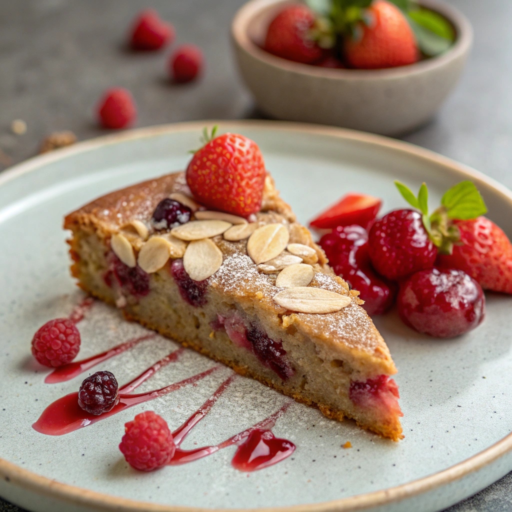  Slice of Crispy Almond Red Fruit Cake served on a plate, garnished with fresh red fruits.