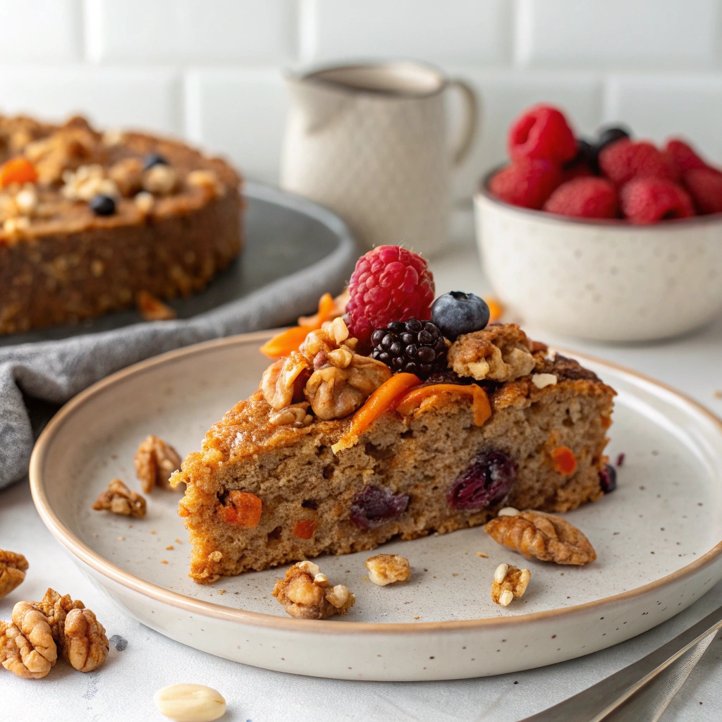 Slice of freshly baked Carrot Cake Baked Oats topped with nuts and berries.