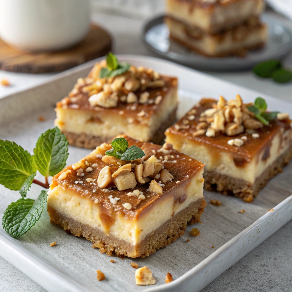 Slices of Caramel Apple Cheesecake Bars garnished with chopped nuts and a sprig of mint on a serving plate