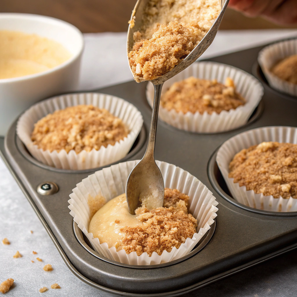  Muffin tins filled with batter and topped with streusel before baking
