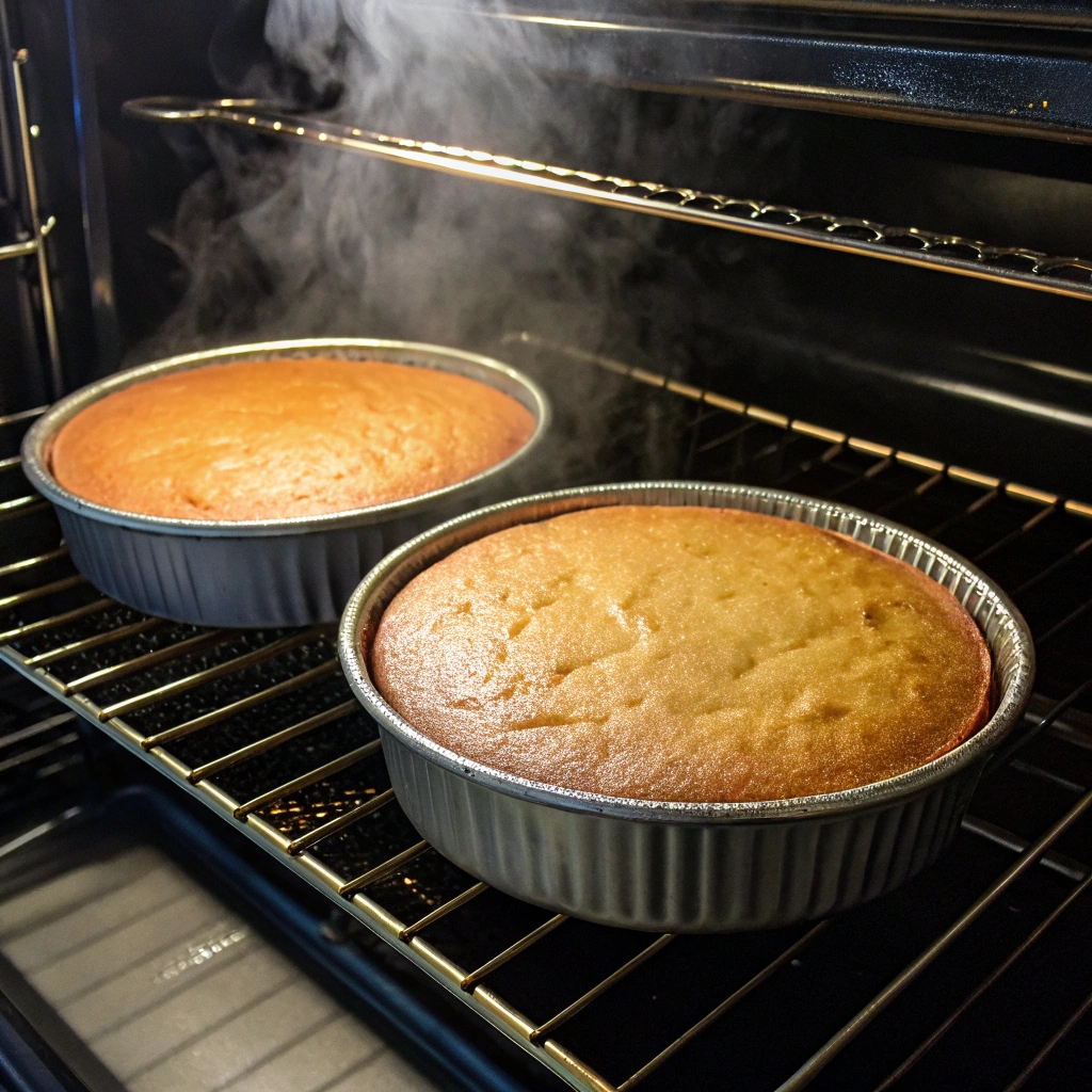 Two cake pans in the oven baking at 350°F, with golden edges visible.