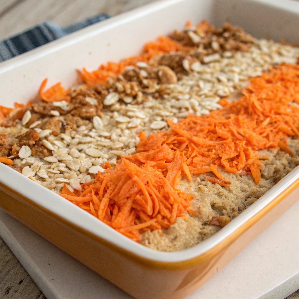 Unbaked Carrot Cake Baked Oats mixture in a prepared baking dish.