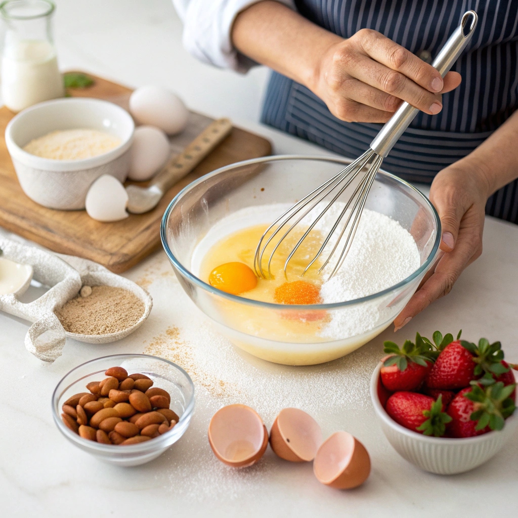 Whisking eggs and sugar to create the batter for the Crispy Almond Red Fruit Cake.