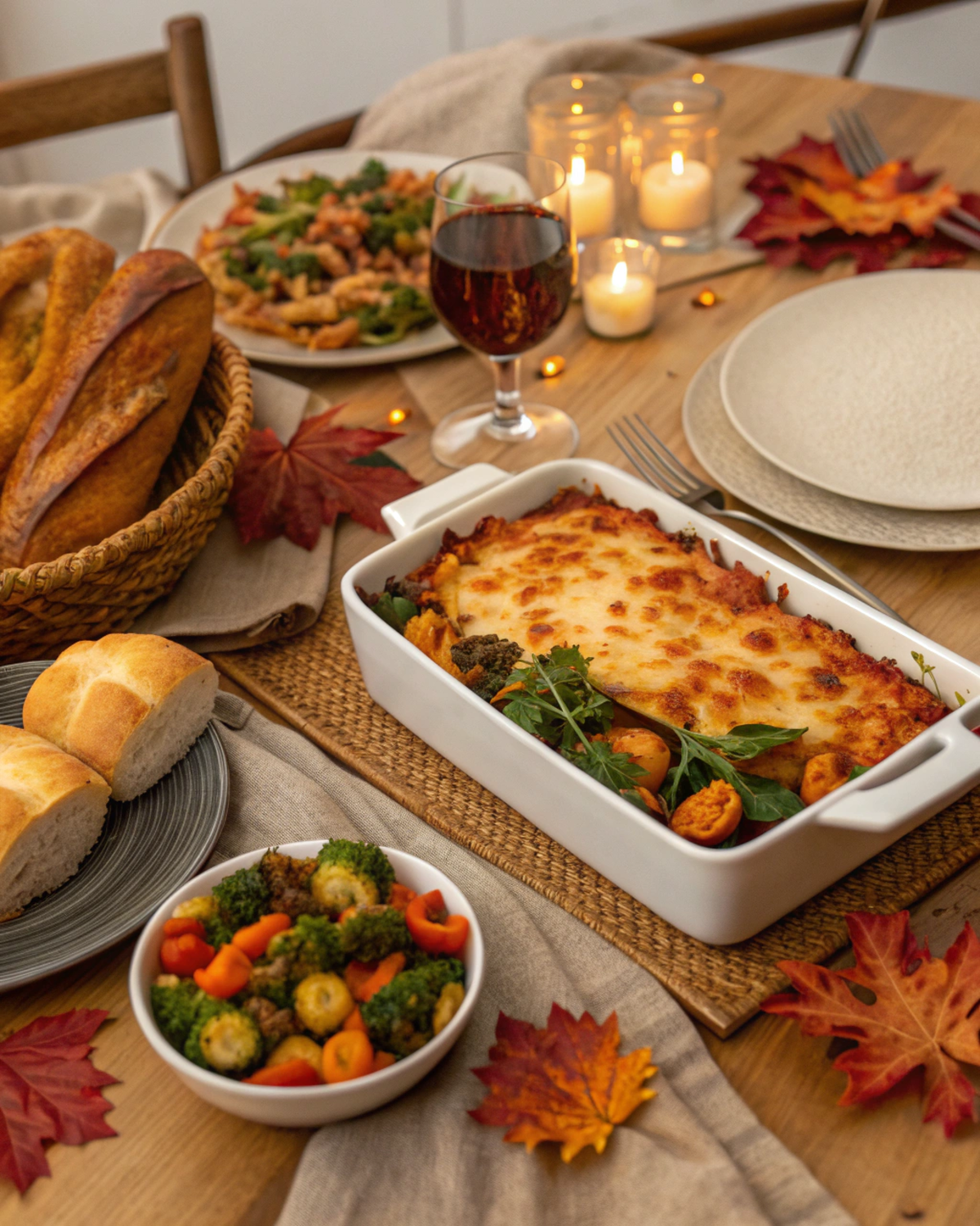 A beautifully arranged fall dinner table with roasted vegetables, lasagna, salads, and warm bread.