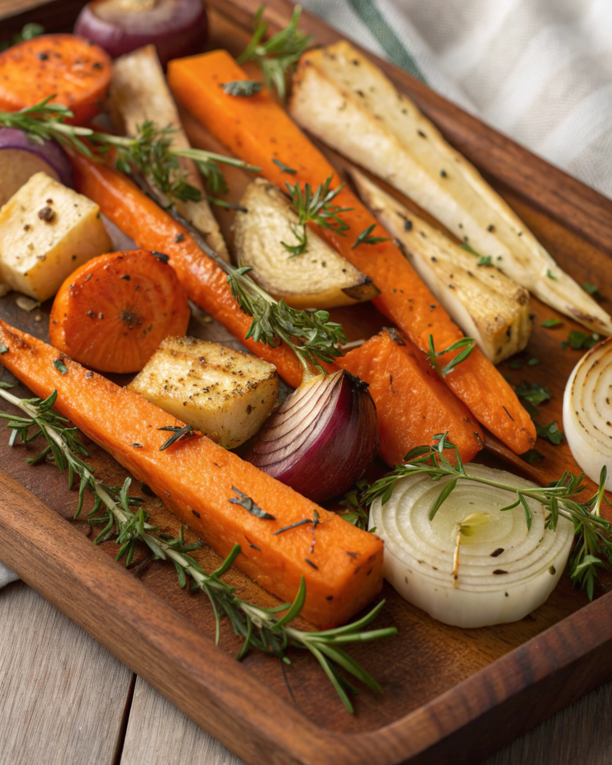An assortment of roasted carrots, sweet potatoes, parsnips, and onions, garnished with herbs.