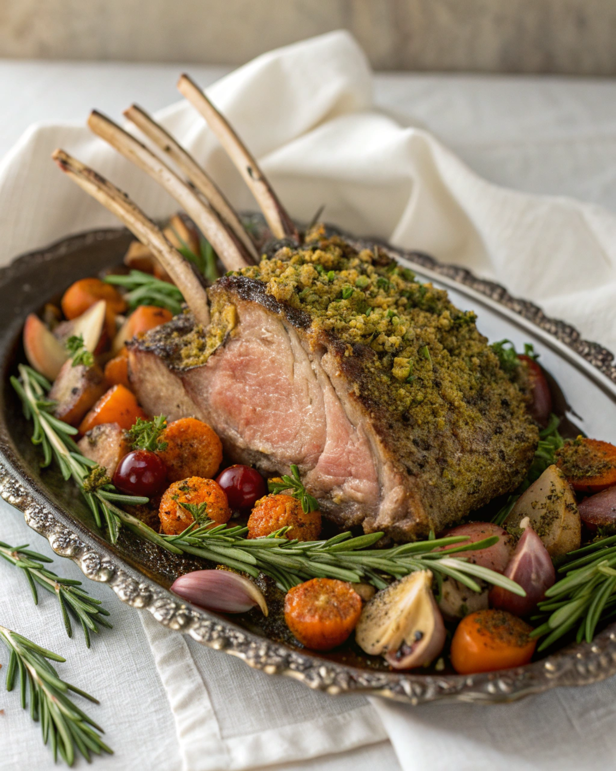 A beautifully cooked rack of lamb with an herb crust on a serving platter.
