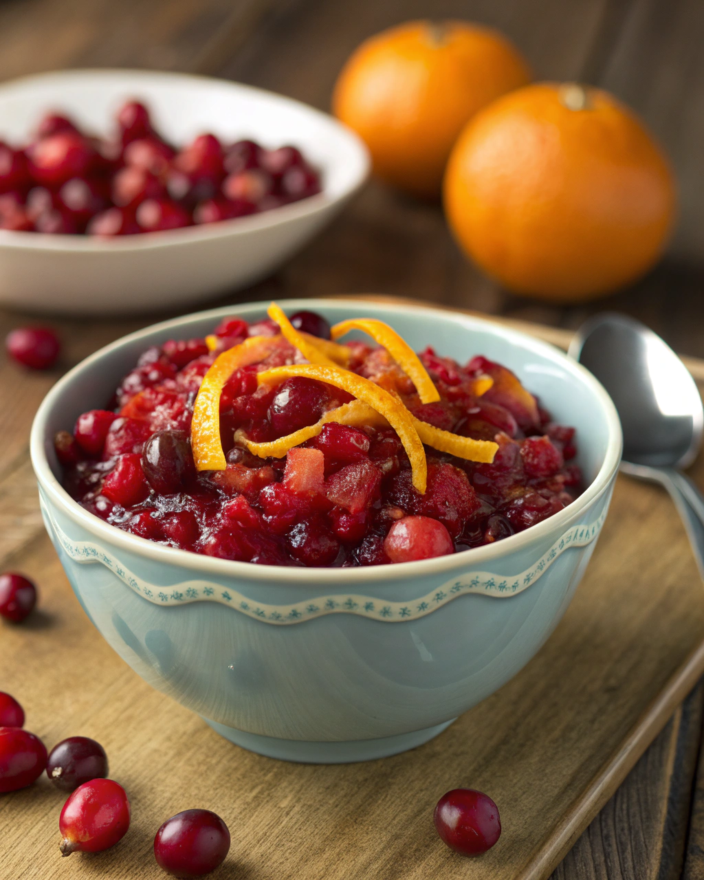 A bowl of cranberry orange relish with fresh cranberries and orange peels.
