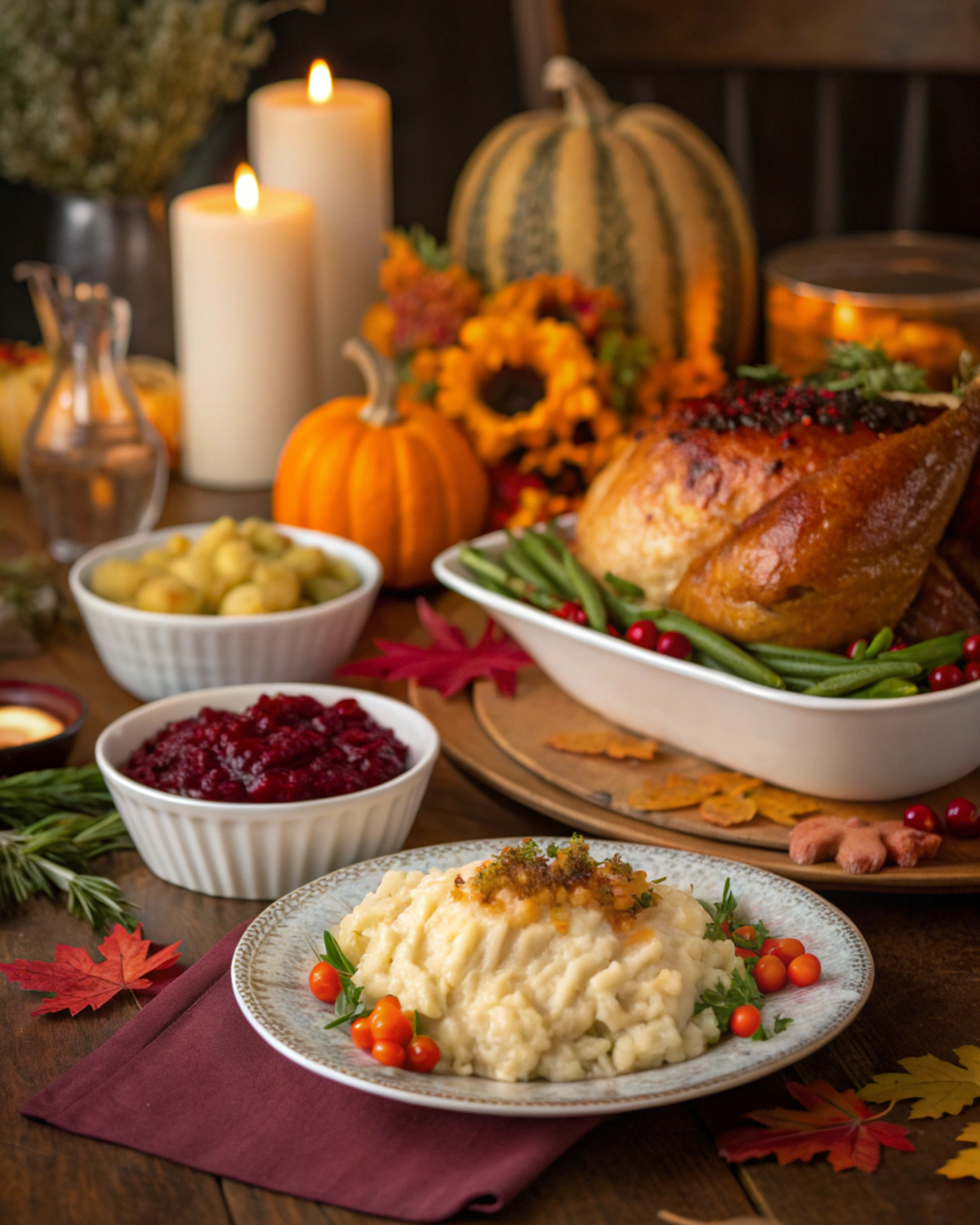 A festive Thanksgiving dinner table set with dishes, decorations, and candles.