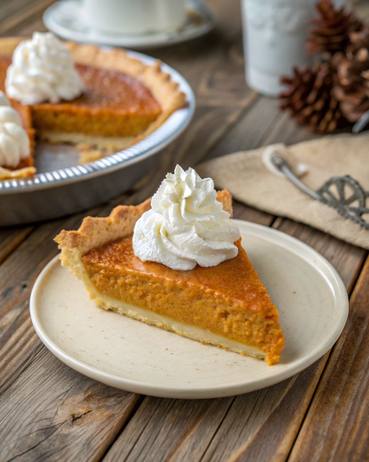  A slice of pumpkin pie topped with whipped cream, on a rustic wooden table.