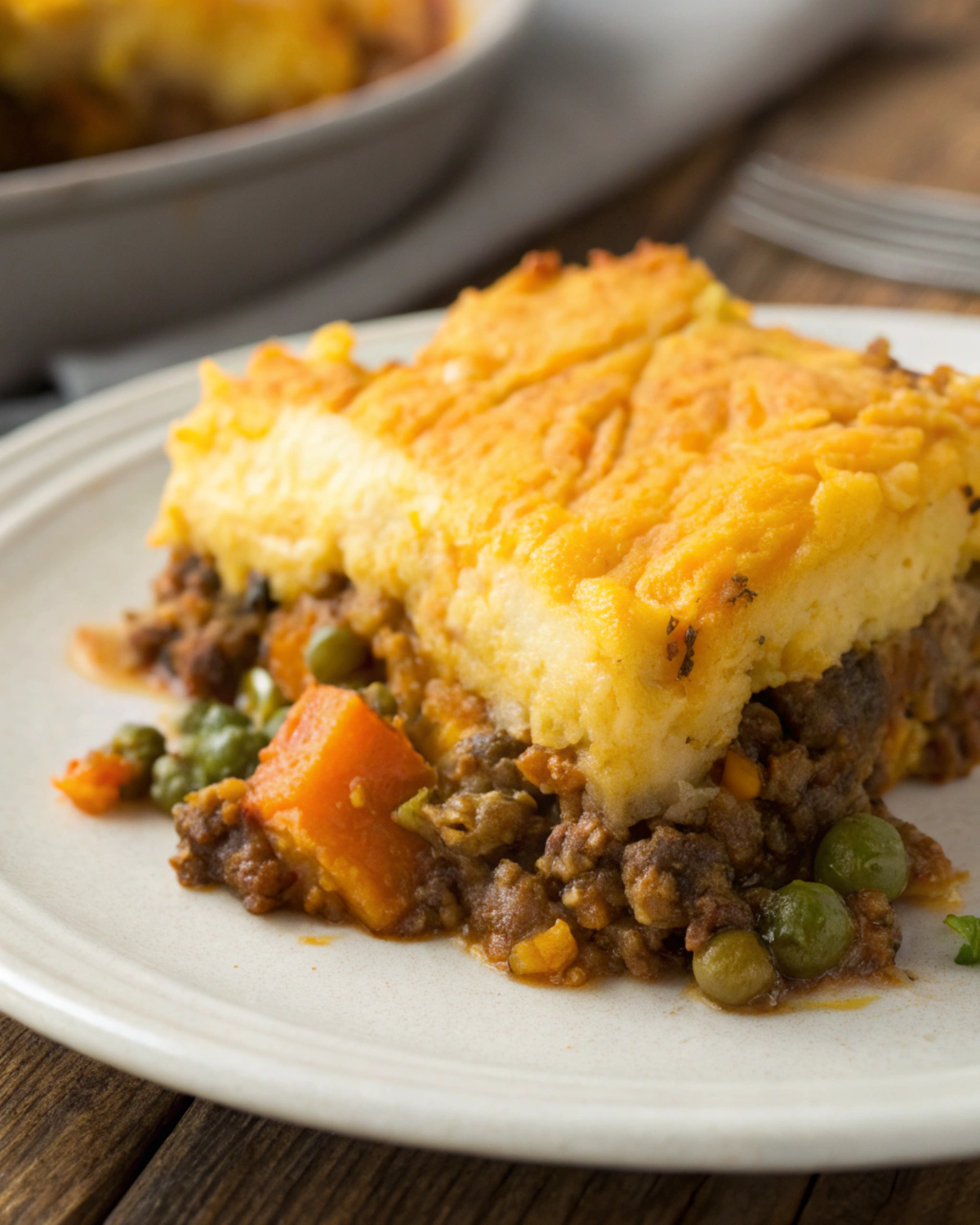 A slice of shepherd’s pie with golden mashed butternut squash topping and a hearty vegetable and apple filling.