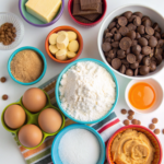 Ingredients for Peanut Butter Cup Dump Cake laid out on a kitchen counter