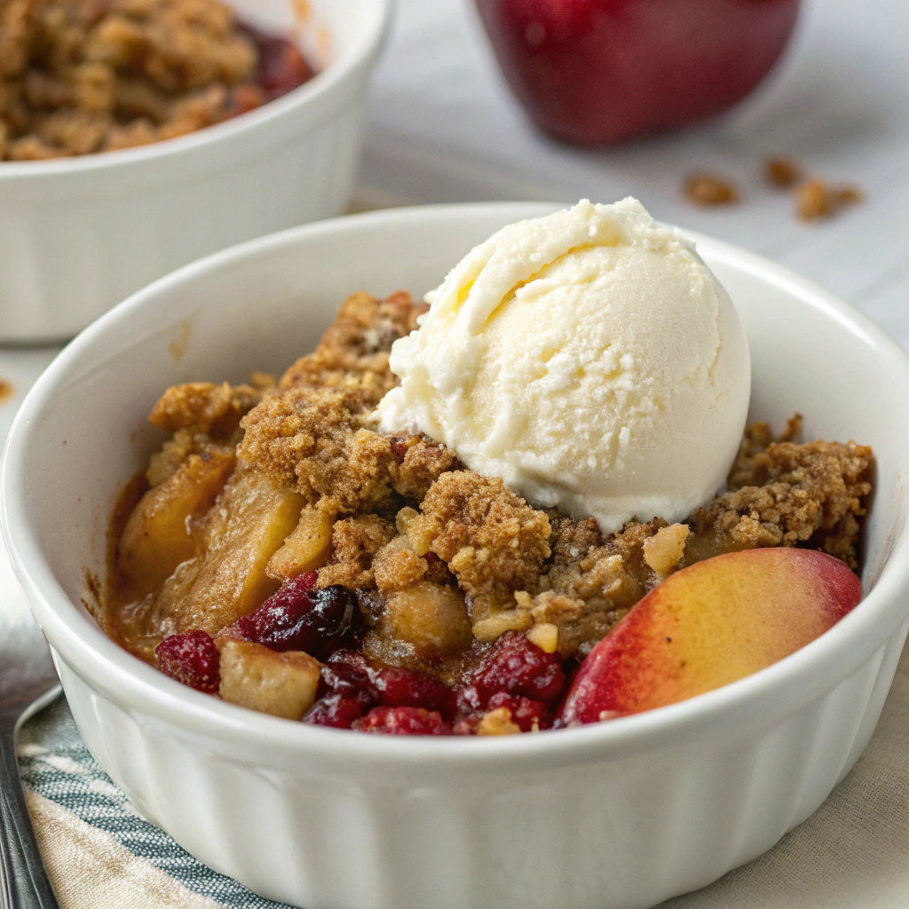 Apple Cranberry Crisp served warm in a bowl with a scoop of ice cream