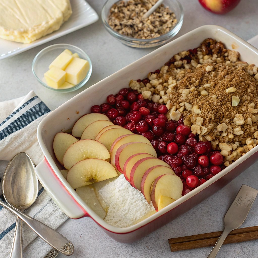 Assembling the Apple Cranberry Crisp in a baking dish with topping.