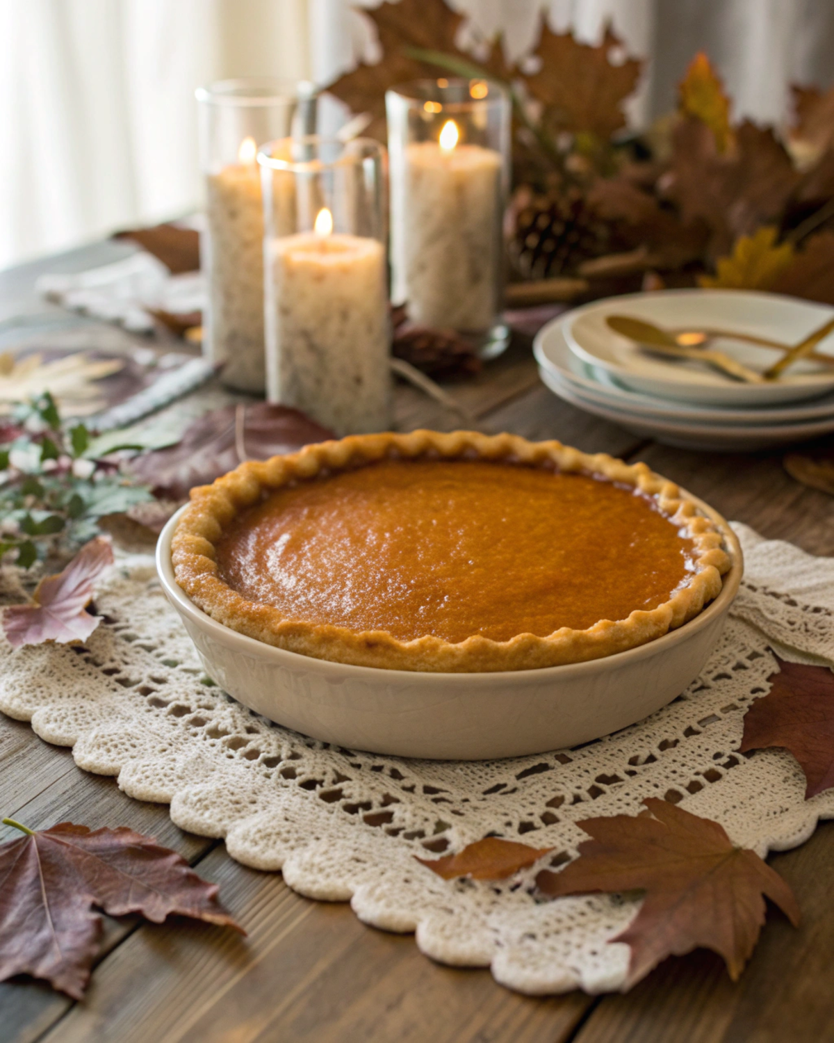 Beautifully styled pumpkin pie displayed on a rustic table setting