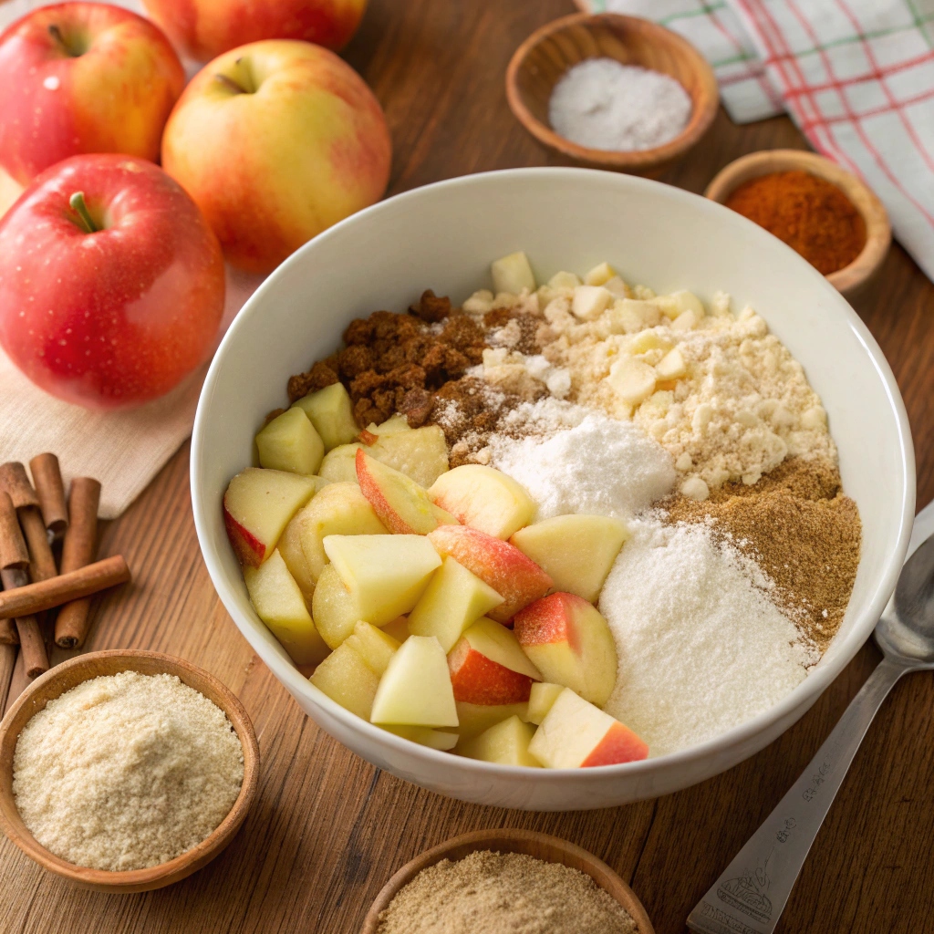 Bowl of chopped fresh apples, flour, sugar, and spices for apple crumb muffins