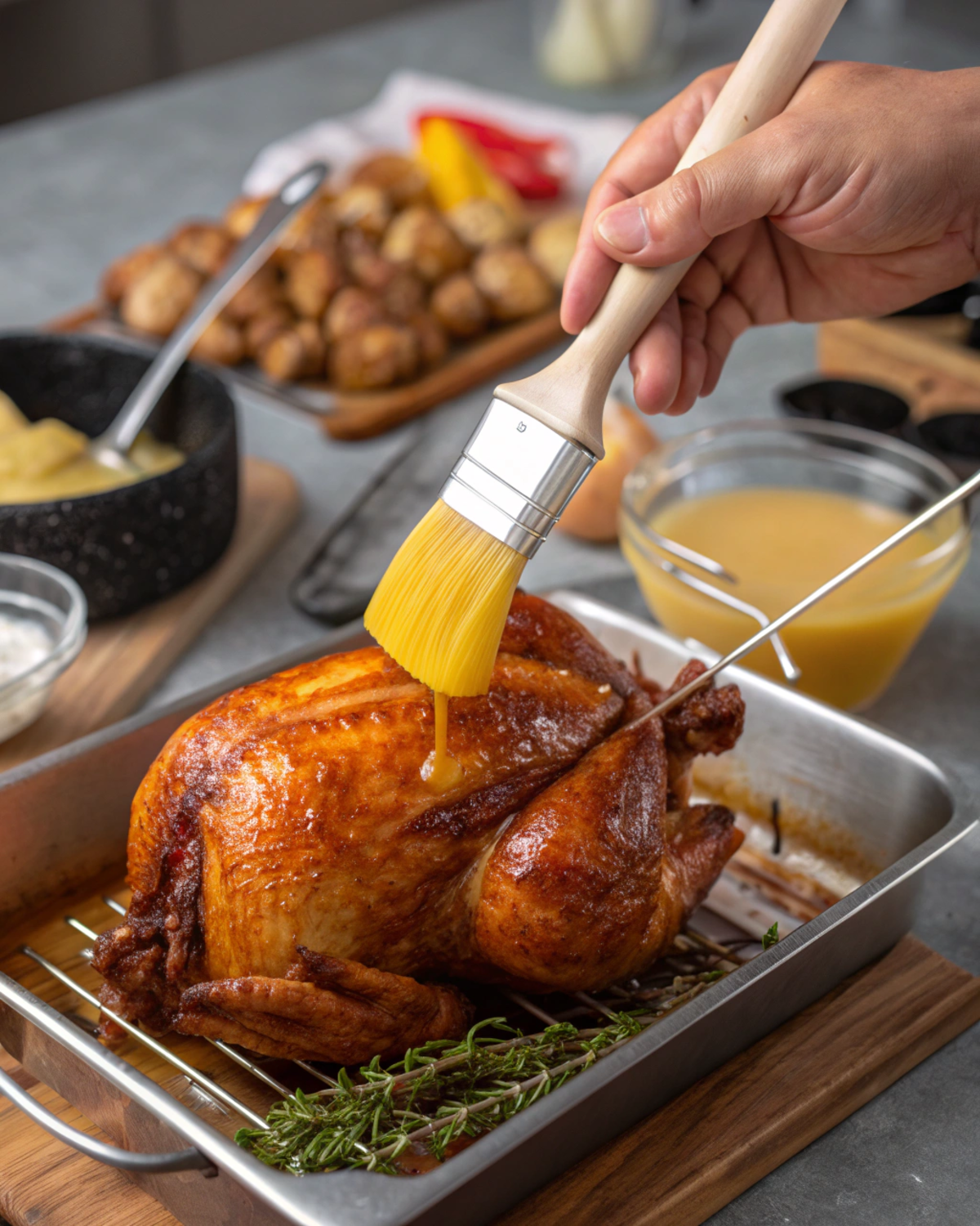 Brush applying melted butter or marinade onto the rotating chicken for extra moisture and color.