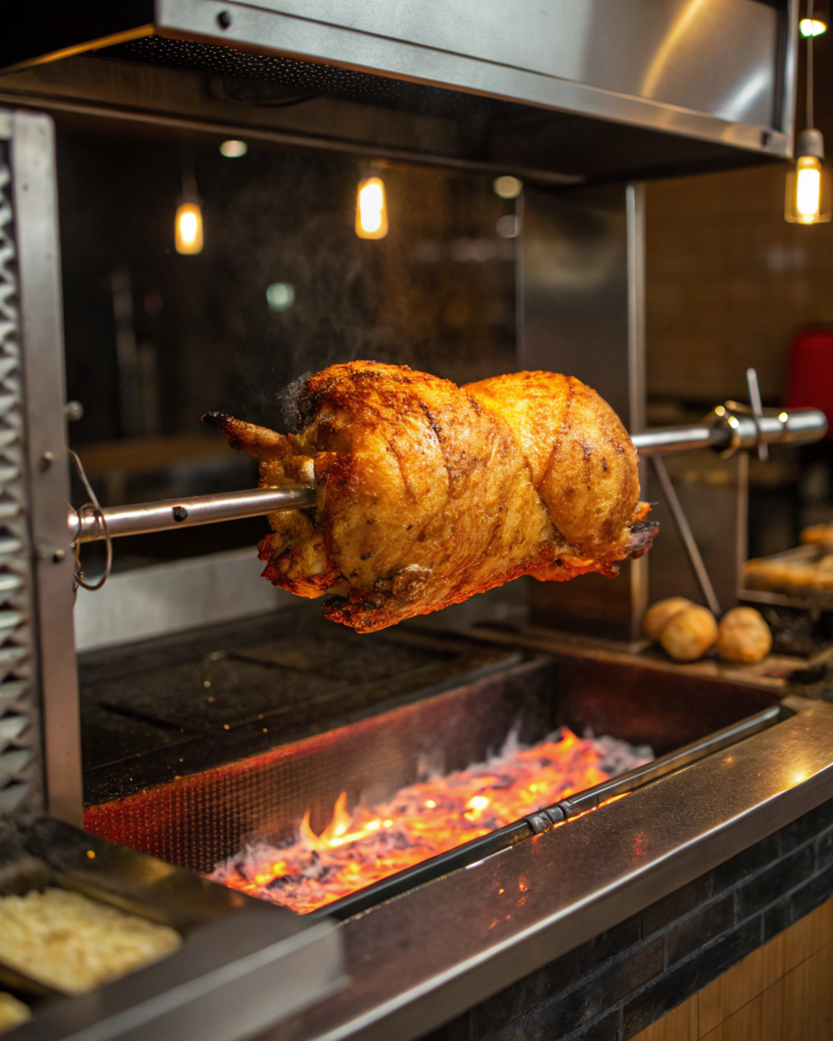 Chicken rotating evenly on a rotisserie, with a glowing heat source beneath.