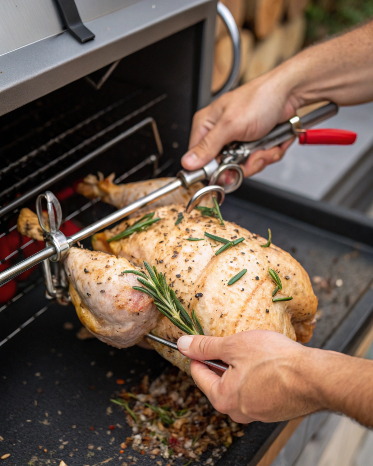 Hands securely attaching the seasoned chicken onto a rotisserie spit with clamps.
