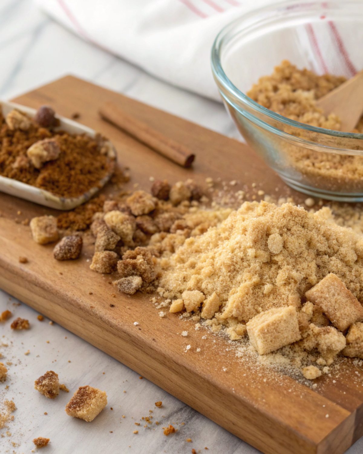 “Cinnamon crumble topping made from flour, cold butter, and sugar forming pea-sized crumbs.”