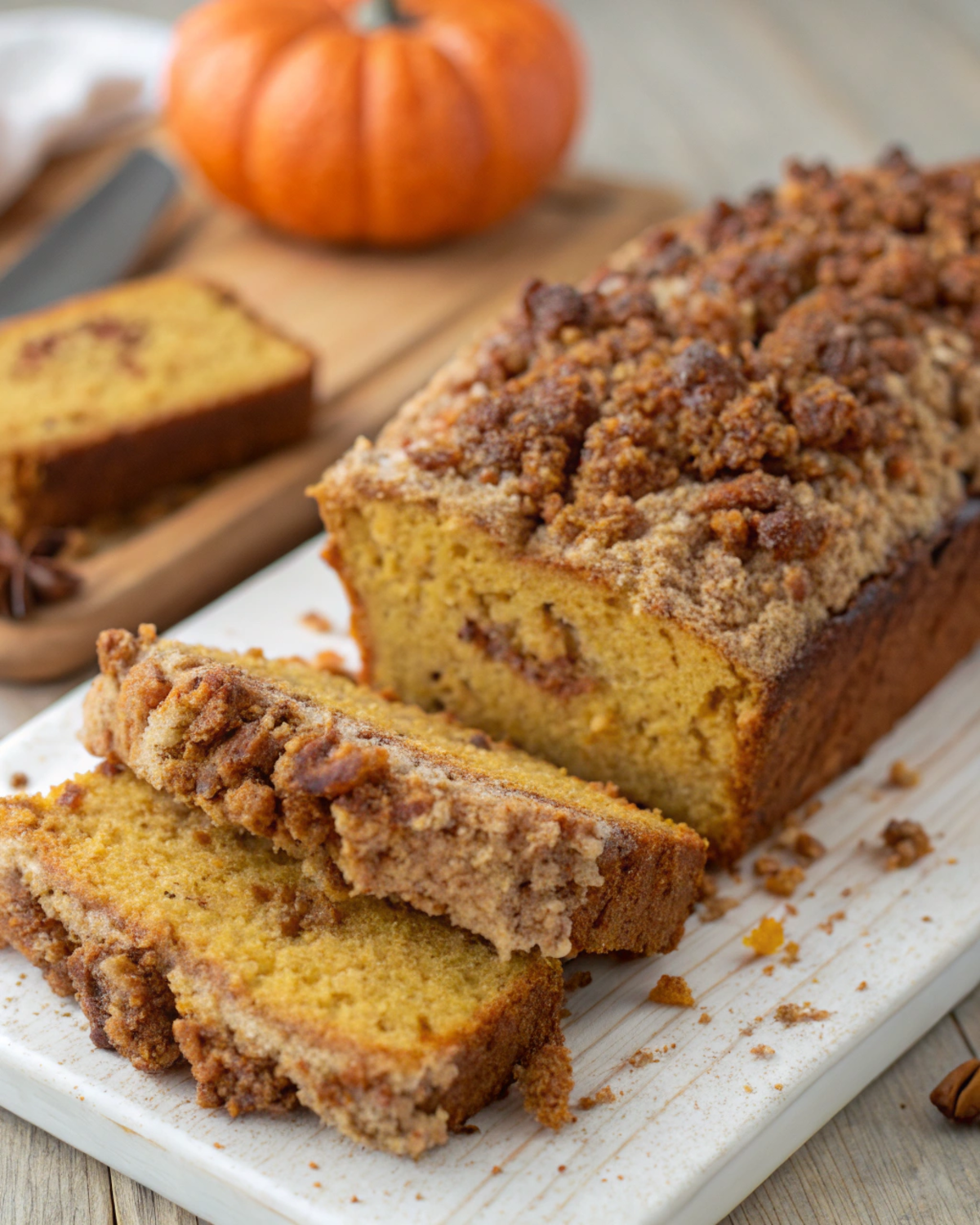 “Overhead view of Pumpkin Cinnamon Crumble Bread sliced on a wooden board with crumbs scattered around.”