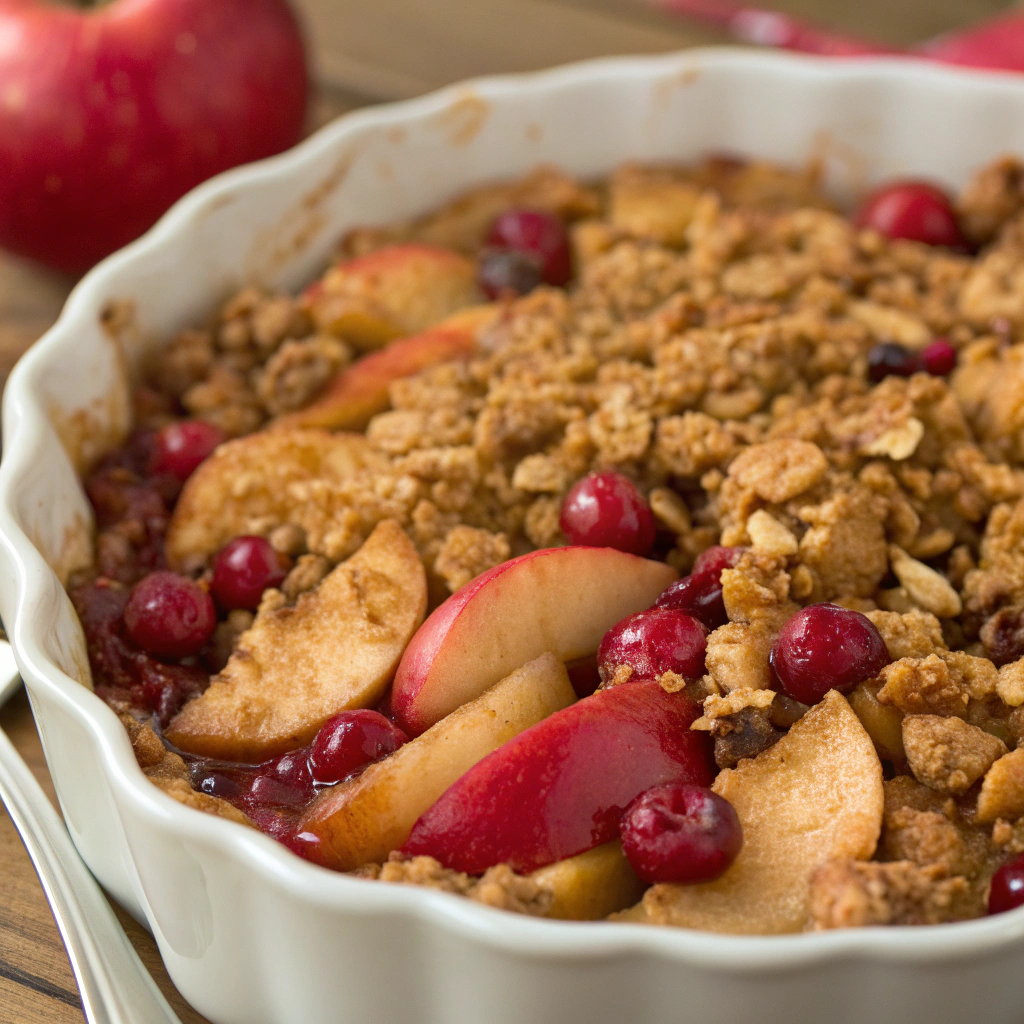 Close-up of Apple Cranberry Crisp showing the crunchy topping and juicy filling