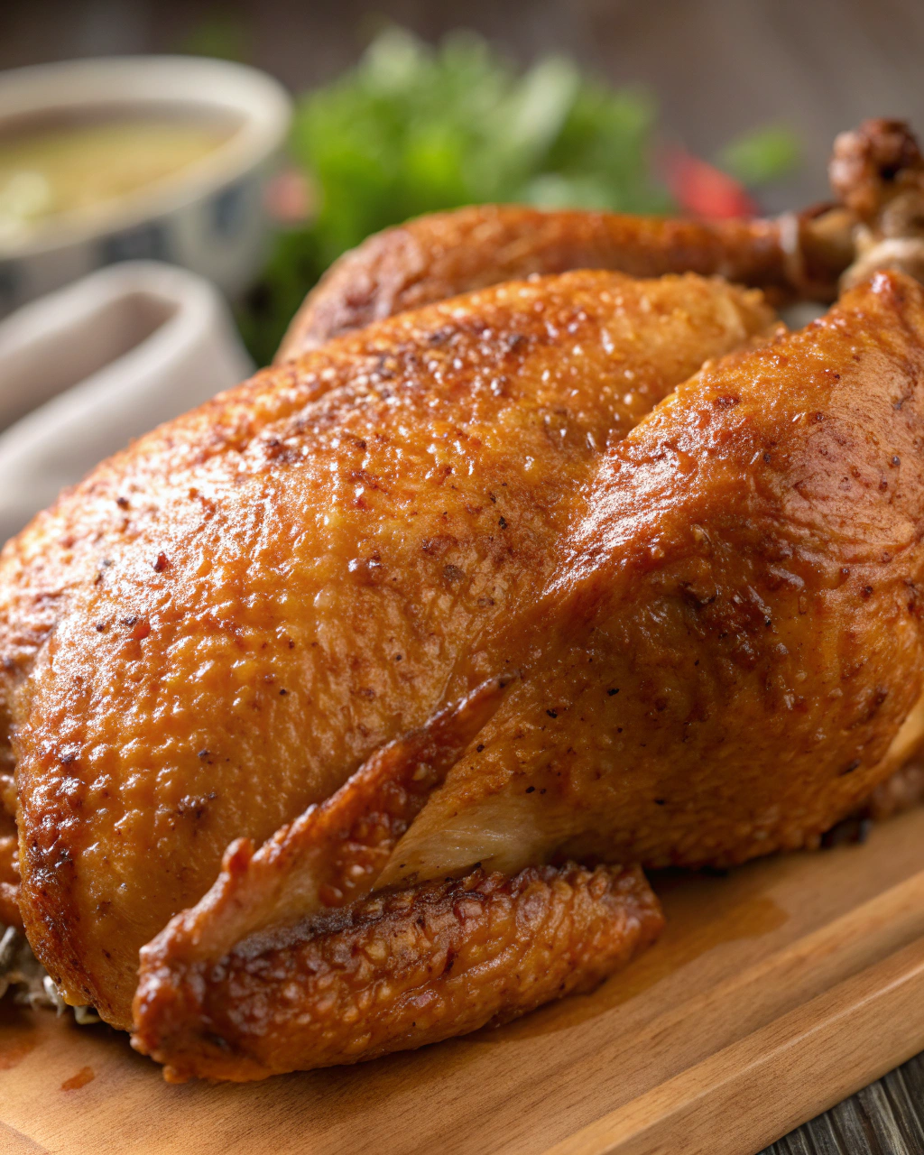 Close-up shot of crispy, golden chicken skin with visible texture.