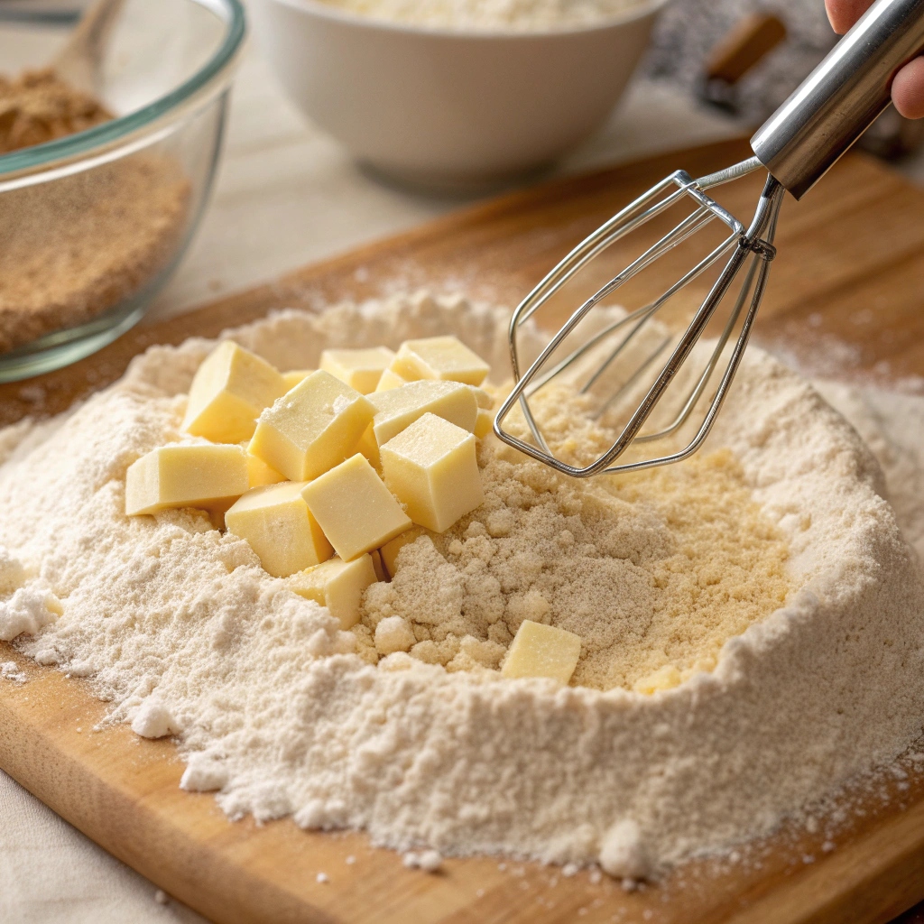 Cold butter being cut into flour and sugar mixture for crumb topping