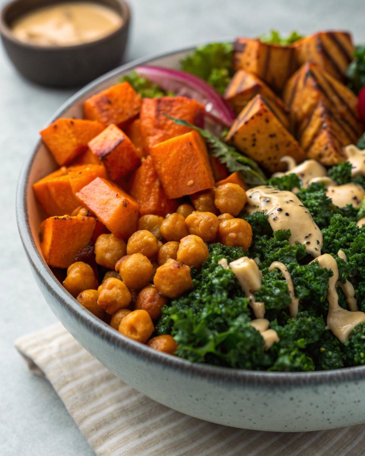 Colorful Buddha bowl topped with roasted sweet potatoes, crispy chickpeas, sautéed kale, and drizzles of tahini.