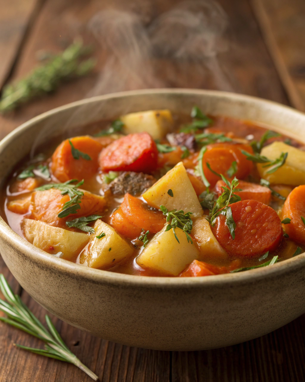 Hearty vegetable stew in a bowl, filled with carrots, parsnips, potatoes, and tomatoes, garnished with herbs.Fall Dinner Recipes