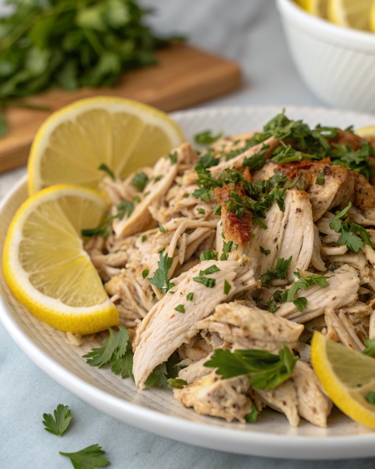 Colorful plate showcasing shredded leftover chicken rotisserie served with fresh herbs and lemon wedges.