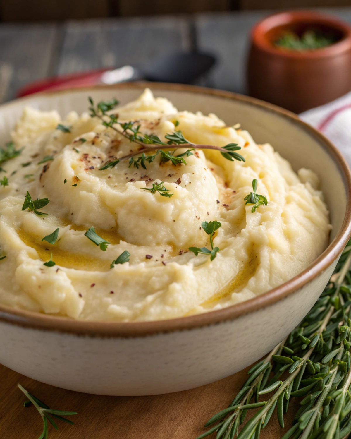 Creamy garlic mashed potatoes served in a bowl, topped with herbs.