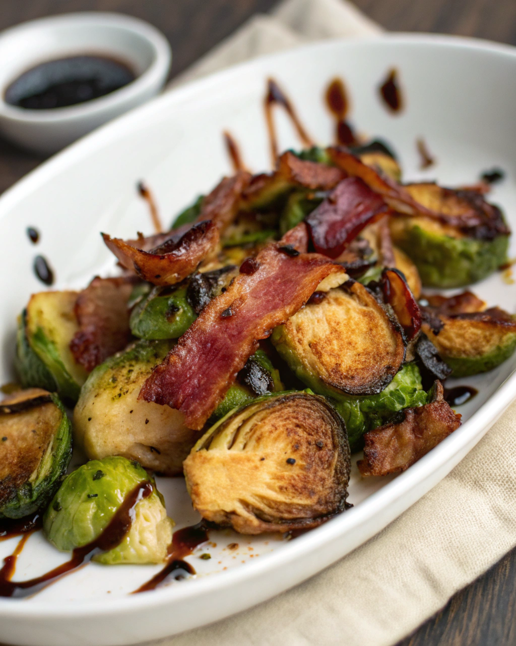 Crispy Brussels sprouts with crispy bacon and balsamic glaze.
