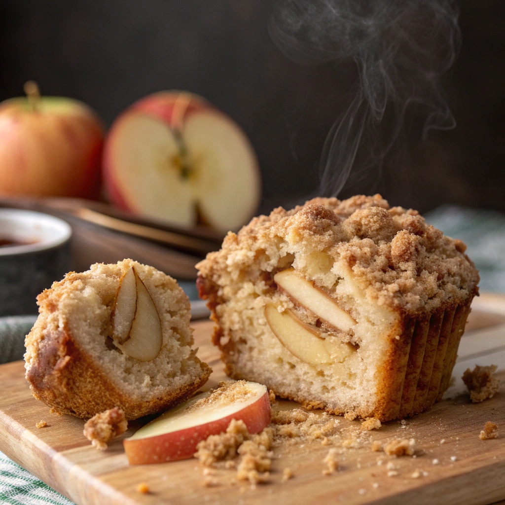Cross-section of a moist apple crumb muffin showing apples and crumb topping