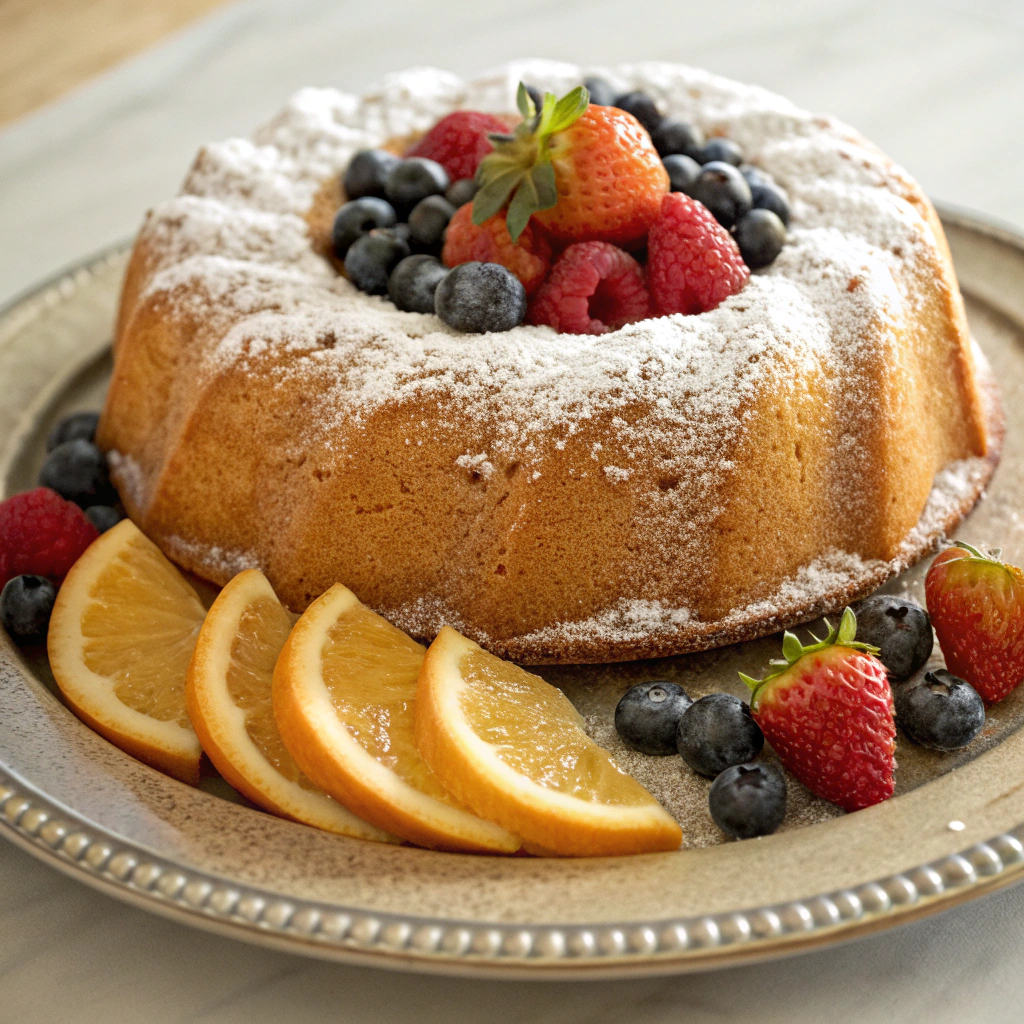 Decorative Buttermilk Pound Cake served on a plate with a side of fresh fruit.