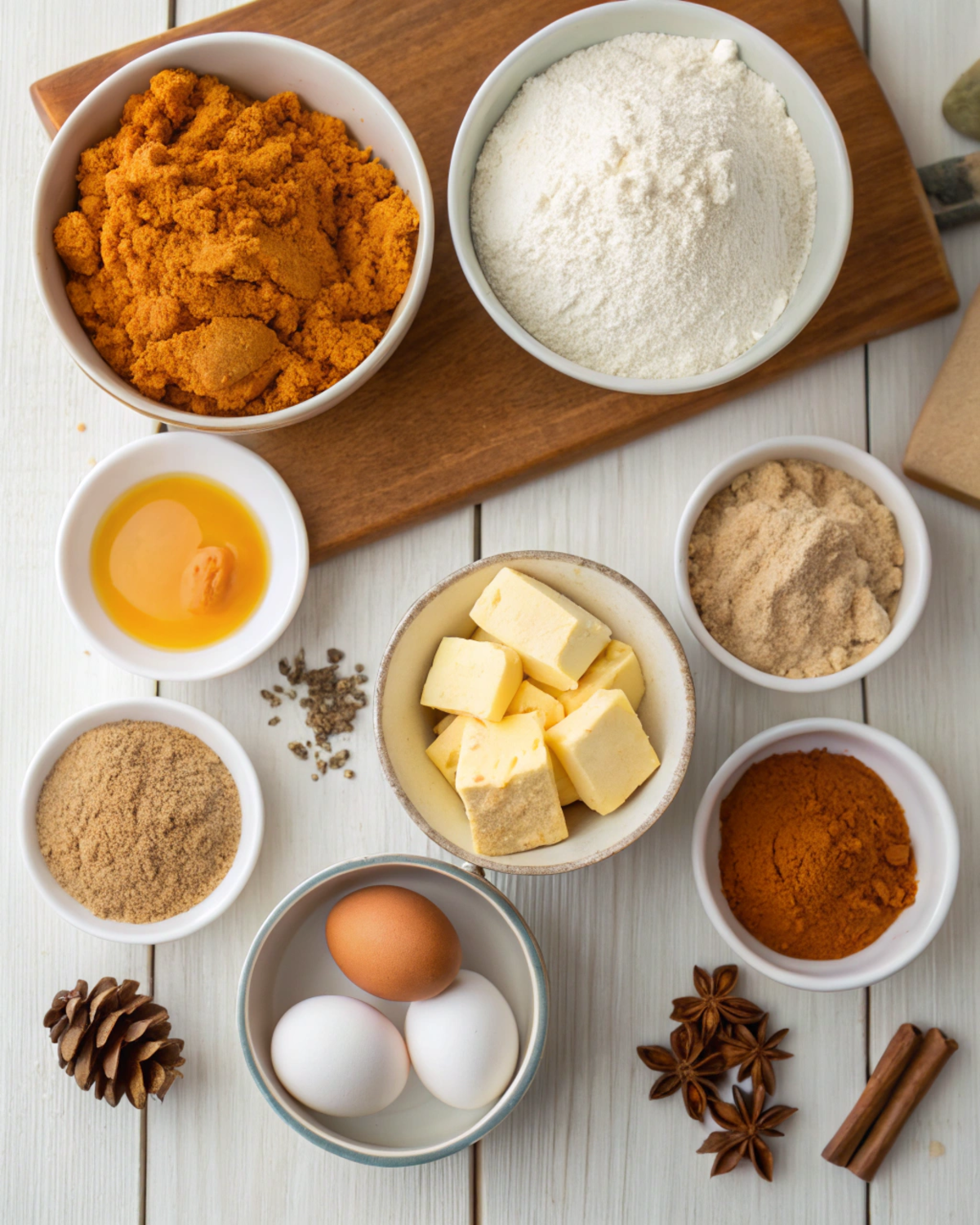 “Flat lay of ingredients for Pumpkin Cinnamon Crumble Bread including pumpkin purée, flour, spices, sugar, eggs, butter, and crumble topping mix.”