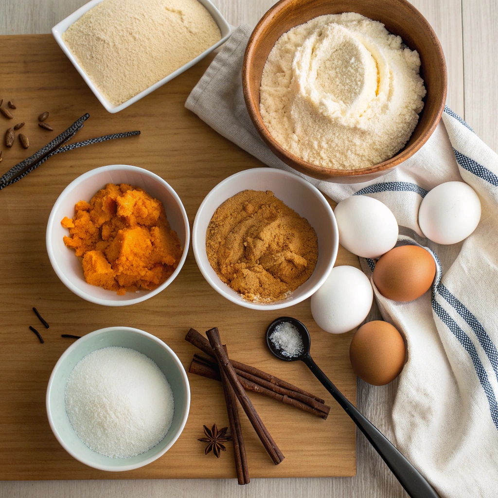  Ingredients for Pumpkin Cream Cheese Bread, including canned pumpkin, cream cheese, spices, flour, sugar, and eggs