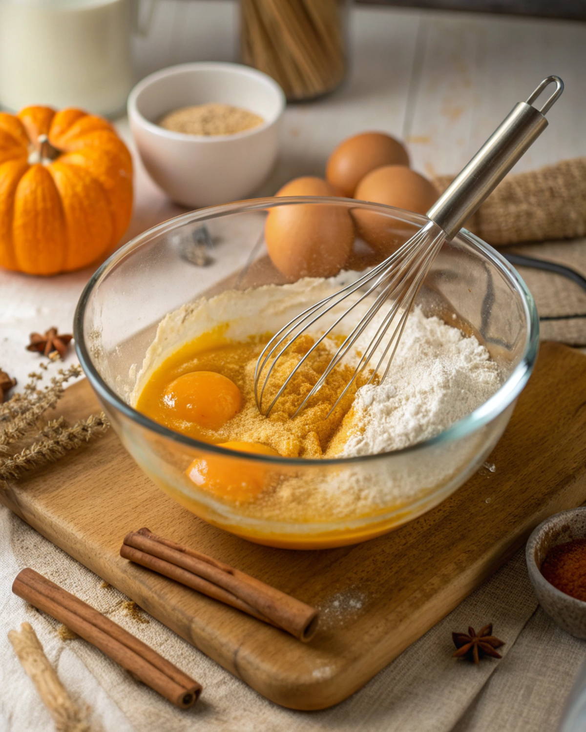 Bowl of pumpkin purée, eggs, oil, and sugar being whisked together for Pumpkin Cinnamon Crumble Bread.”