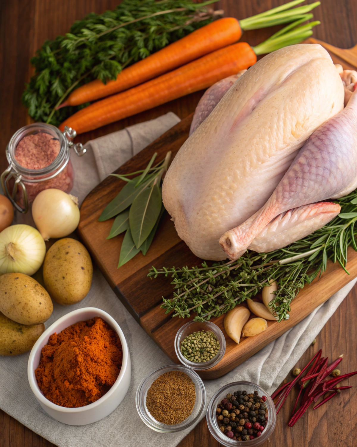 Fresh ingredients for Thanksgiving recipes, including turkey, herbs, vegetables, and spices.
