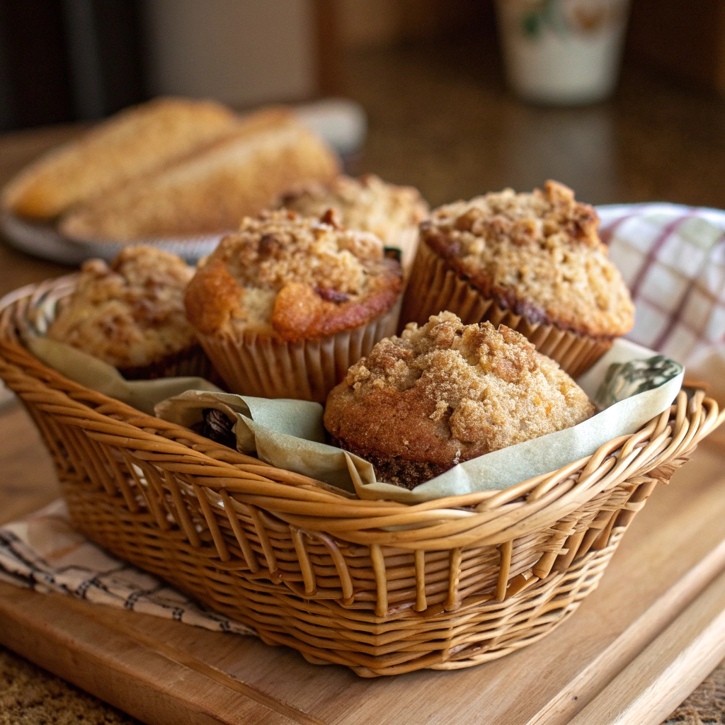Freshly baked apple crumb muffins in a rustic basket with a cozy kitchen background