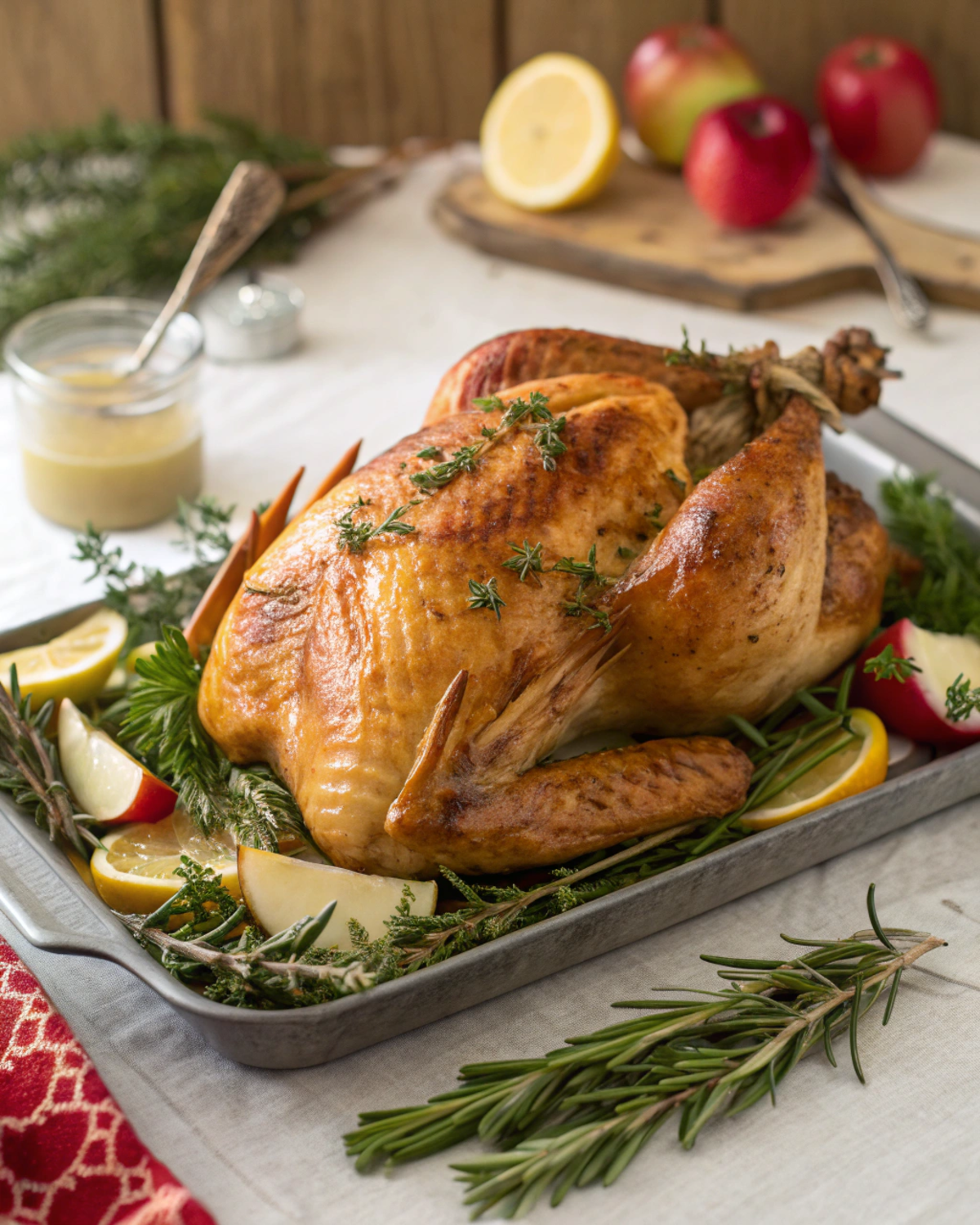 Golden roast turkey on a platter with herbs and garnishes.