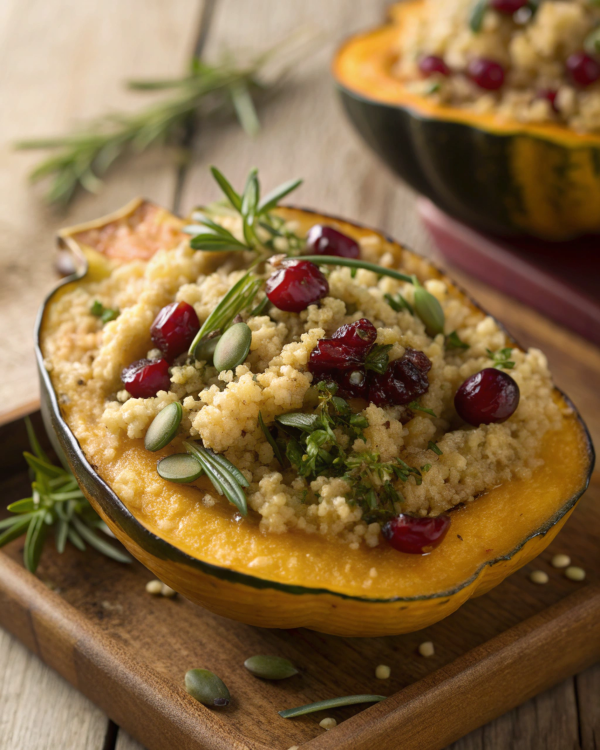Halved acorn squash stuffed with fluffy quinoa, cranberries, and pumpkin seeds, garnished with herbs.Fall Dinner Recipes