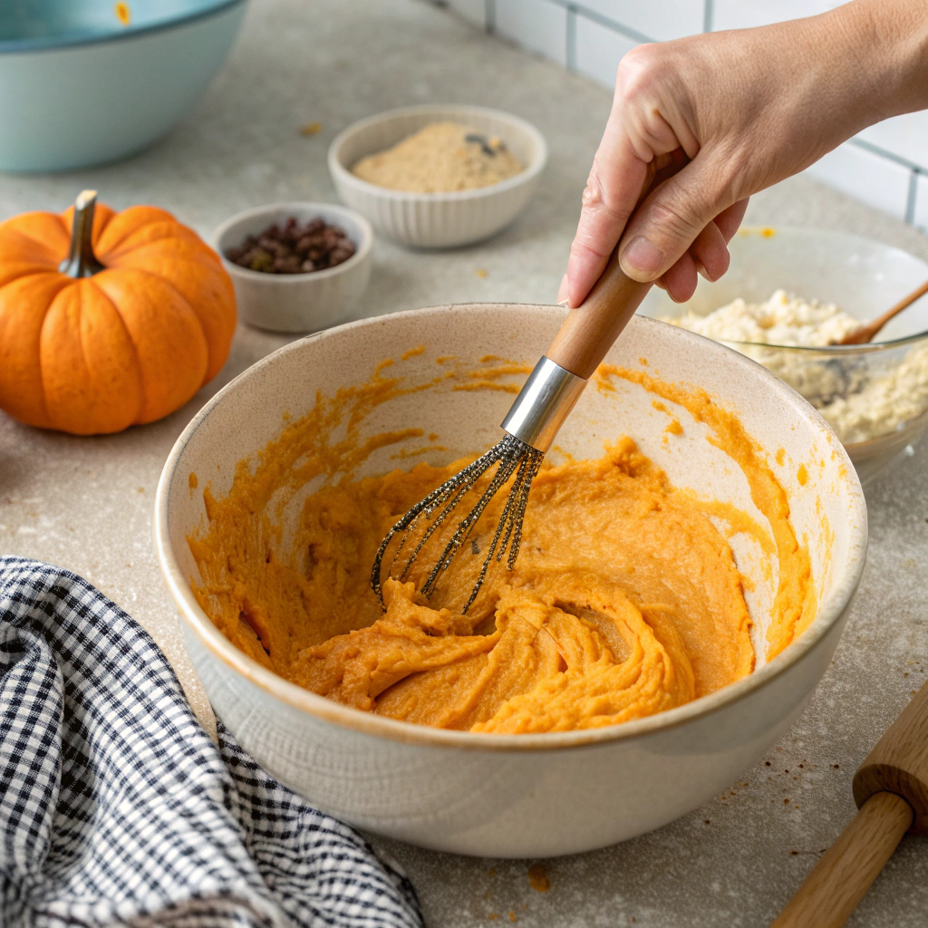 Hand mixing pumpkin batter in a large bowl with a spatula