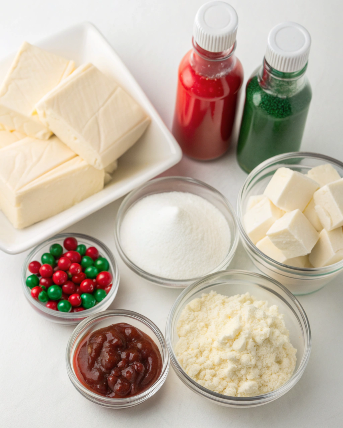 Ingredients for Christmas Swirl No-Bake Cheesecake including cream cheese, sugar, heavy cream, and food coloring