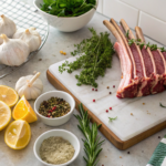 Ingredients for lamb rack recipe displayed on a kitchen counter