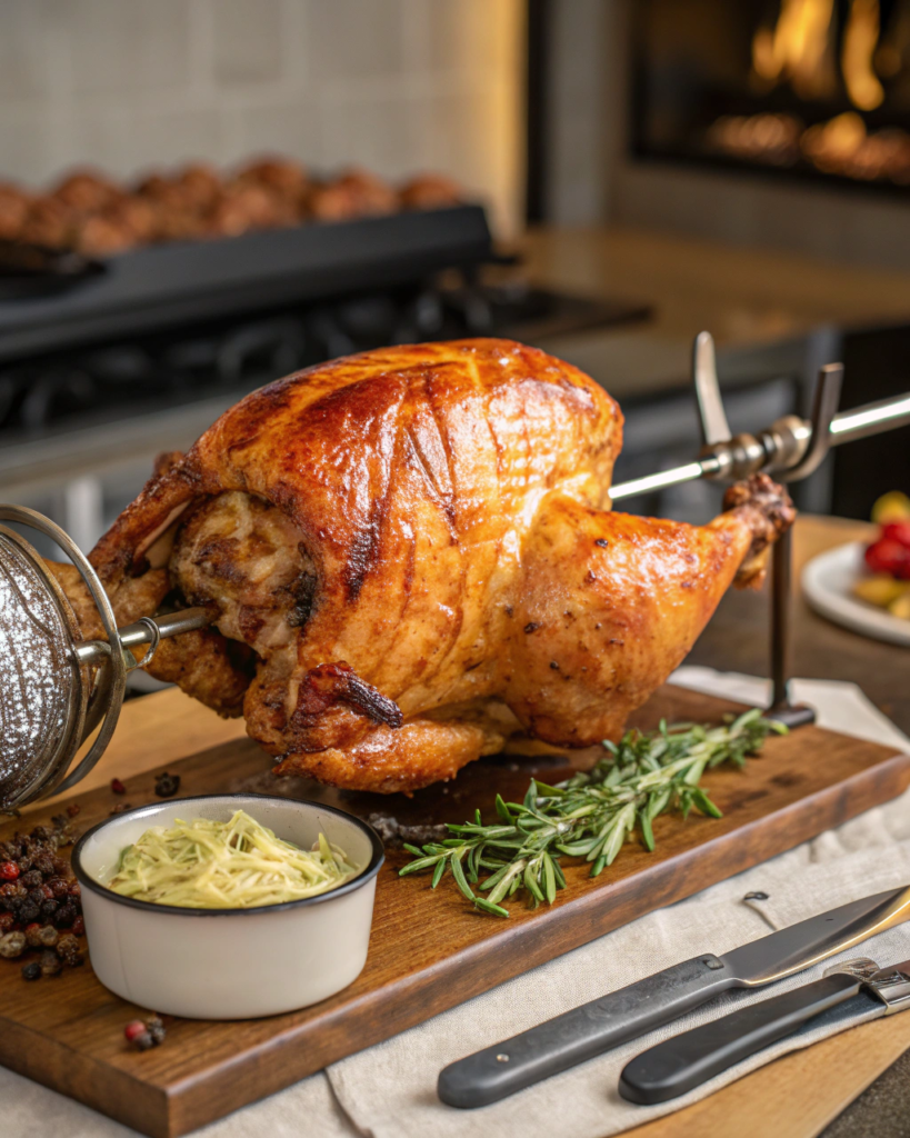Juicy, golden-brown chicken rotisserie cooked to perfection on a spit, ready to serve.